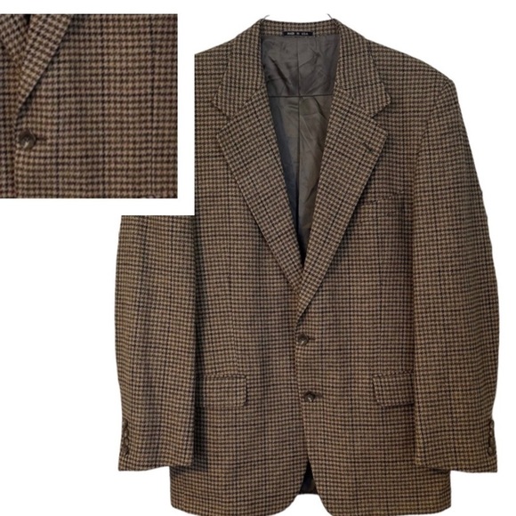 Joesph Abboud Blazer Tan Gray Houndstooth Plaid Wool Fishermancore Preppy Sz 41L - Picture 1 of 13